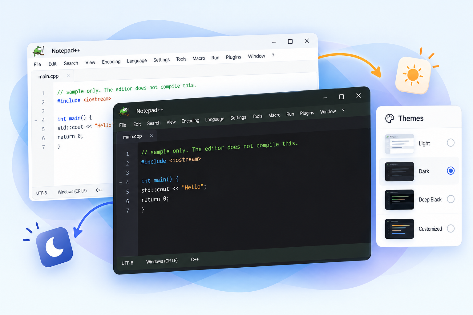 Notepad++ customizable themes illustration: a light window beside a dark window, with Dark selected in a theme list that also includes Light, Deep Black, and Customized