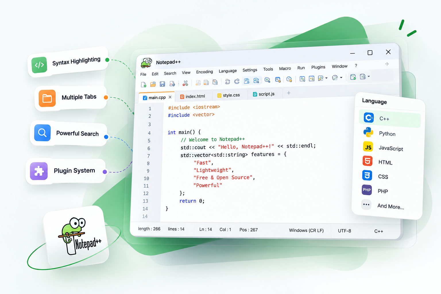 Illustration of the Notepad++ window on Windows, with syntax-colored C++ in main.cpp, open file tabs, and labels for syntax highlighting, multiple tabs, search, and plugins
