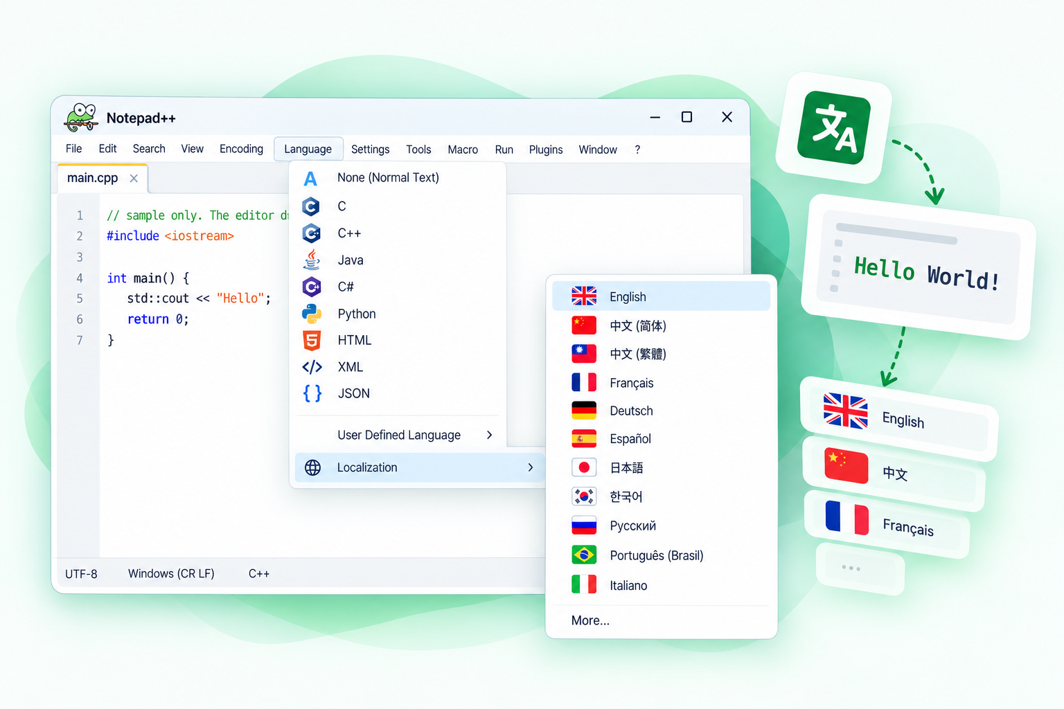 Notepad++ multi-language interface illustration: a localization list that includes English, Simplified Chinese, Traditional Chinese, and Français