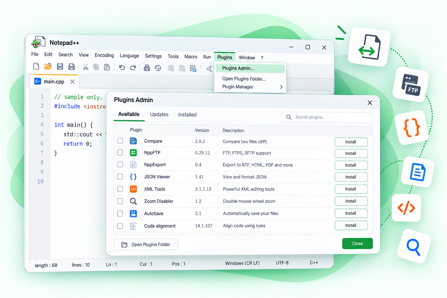 Notepad++ plugin manager illustration: the Plugins menu open to Plugins Admin, with the Available list, a checkbox, and an Install button on each row