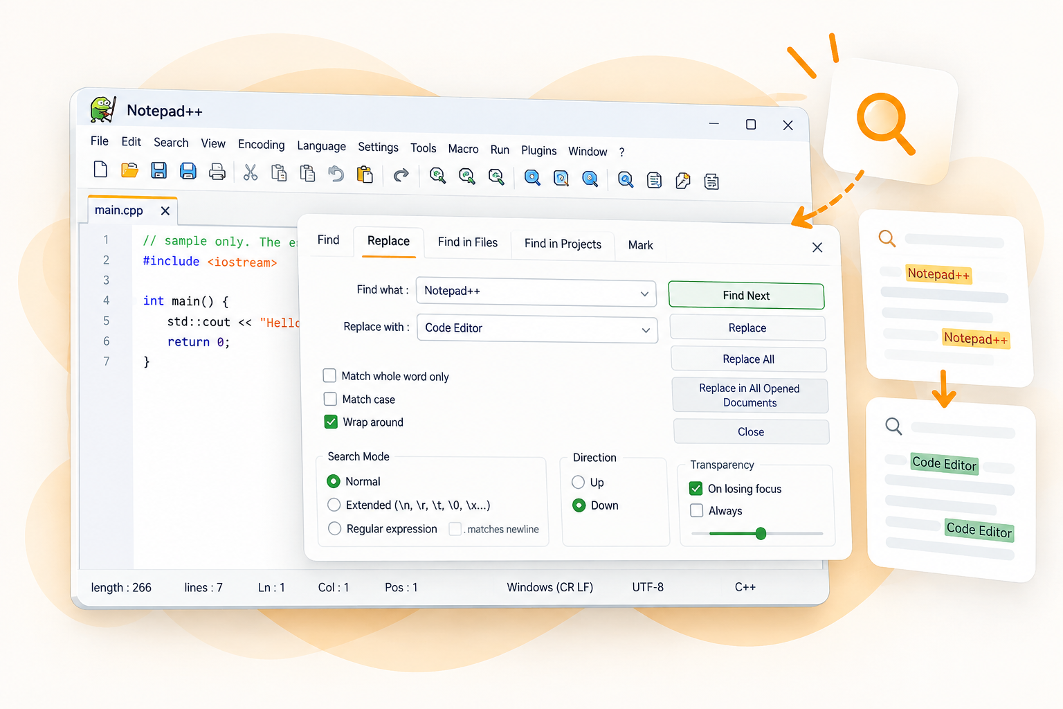 Notepad++ search and replace illustration: the Replace tab changes Notepad++ to Code Editor, with the text shown before and after