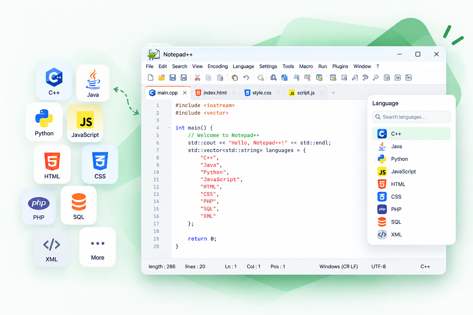 Notepad++ syntax highlighting illustration: colored C++ in main.cpp, with language icons and a language list for C++, Java, Python, JavaScript, HTML, CSS, PHP, SQL, and XML